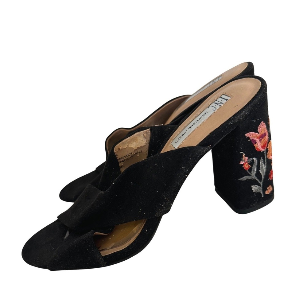 INC Women's Black Floral Embroidered Crisscross Block Heel Mules Size 9M